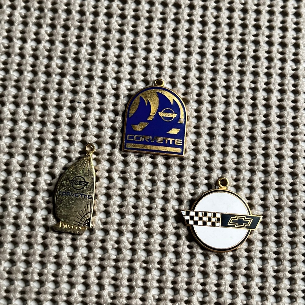 Vintage Chevrolet Corvette Enamel Charm Lot Blue Gold White Checkered Flag 3pc